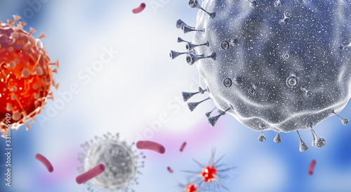 Corona virus. Covid-19 virus cells or bacteria molecule. Flu, view of a virus under a microscope, infectious disease. Germs, bacteria, cell infected organism. Virus H1N1, Swine Flu. 3d Rendering.