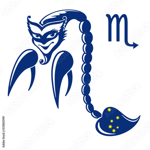 The zodiac sign is Scorpio. Cute little Scorpion with an anthropomorphic face in the form of an astrological symbol of the constellation of Scorpio.