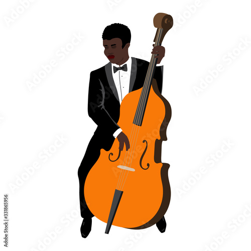 Vector Illustration of man playing the contrabass in the style of the 1920s. Handsome young jazz musician dressed in an elegant tuxedo. Character in flat style, isolated on a white background