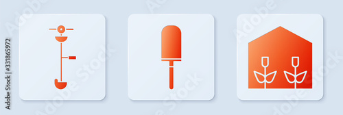 Set Garden trowel spade or shovel, Grass and weed electric string trimmer and Home greenhouse and plants. White square button. Vector