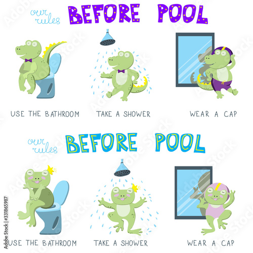 Set of concepts with character. Simple rules for children before swimming pool: use the bathroom, take a shower, wear a cap. Correct behavior is illustrated by cute green crocodile and funny frog