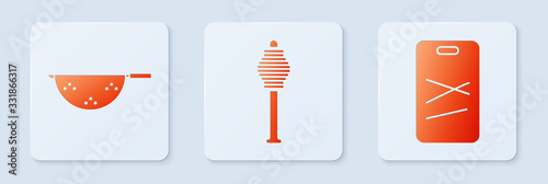 Set Honey dipper stick, Kitchen colander and Cutting board. White square button. Vector