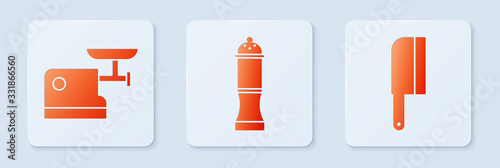 Set Pepper, Kitchen meat grinder and Meat chopper. White square button. Vector
