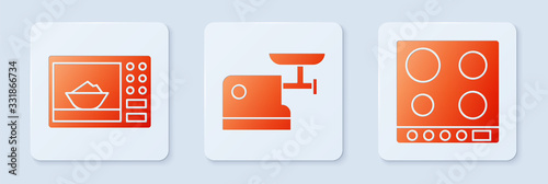 Set Kitchen meat grinder, Microwave oven and Gas stove. White square button. Vector