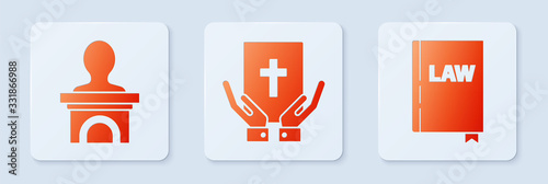 Set Oath on the Holy Bible, Stage stand or debate podium rostrum and Law book. White square button. Vector