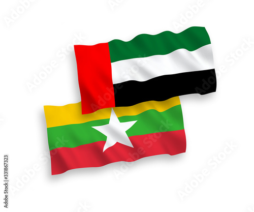 Flags of United Arab Emirates and Myanmar on a white background
