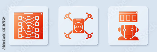 Set Drone flying with action camera, Global technology or social network and Robot. White square button. Vector