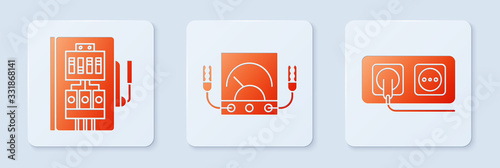 Set Ampere meter, multimeter, voltmeter, Electrical panel and Electrical outlet. White square button. Vector