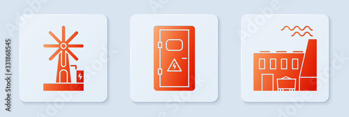 Set Electrical cabinet, Wind turbine and Coal power plant and factory. White square button. Vector