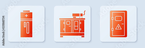 Set Diesel power generator, Battery and Electrical cabinet. White square button. Vector