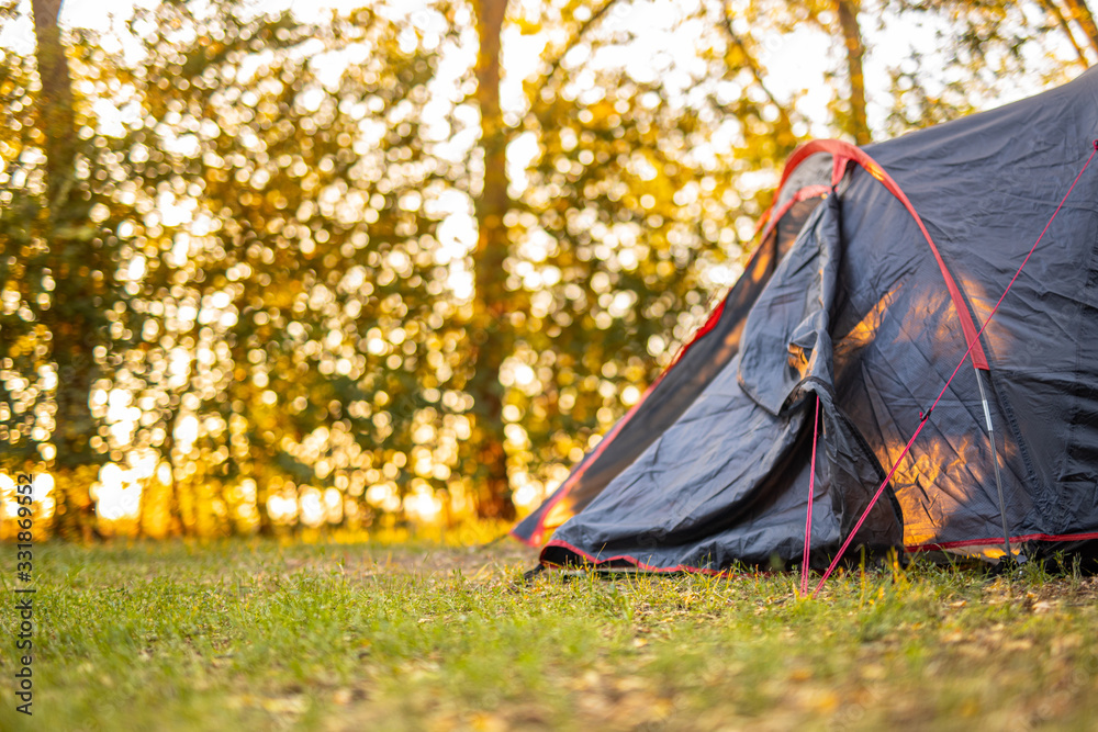 Camping and tent under the pine forest in sunset landscape. Adventure nature background, sunny view with blurred trees and grass. Warm sunset colors Camping and tent under the pine forest in sunset landscape. Adventure nature background, sunny view with blurred trees and grass. Warm sunset colors