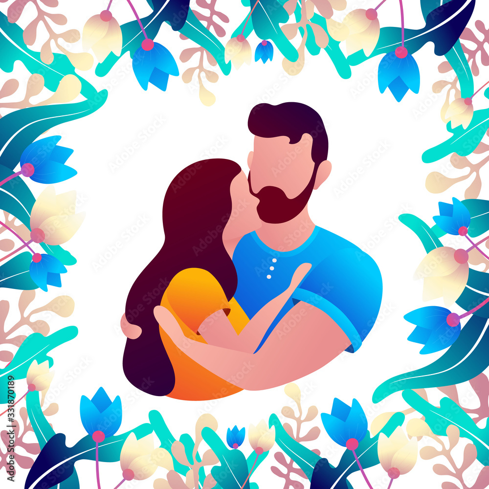 A guy and a girl are hugging in a frame of flowers and leaves on a white background. Vector illustration coming to valentine s day