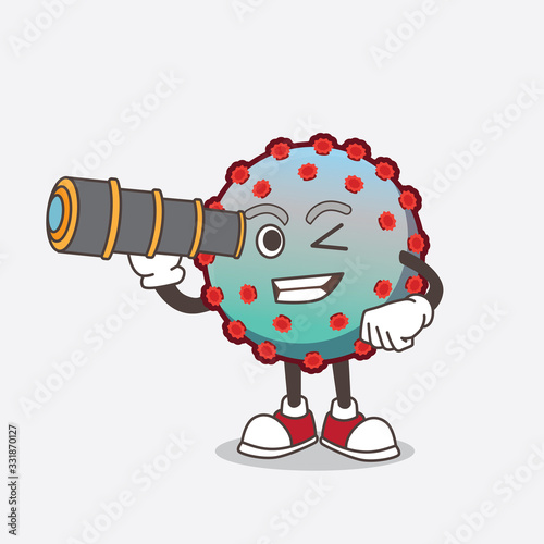 Virus cartoon mascot character using a monocular