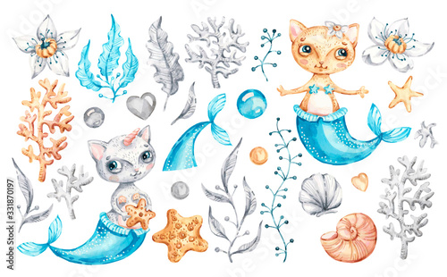 Cat mermaid unicorn Baby cute girl. Watercolor nursery cartoon sea animals, marine magic life. Adorable Nurseries mermaid set isolated on white background. Hand painted watercolour baby kitty clip art