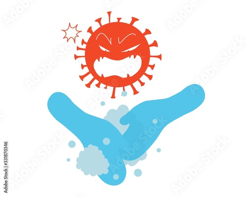 Cartoon Virus Covid-19 don't like peaple washing hand. vector illustration isolated cartoon hand drawn
