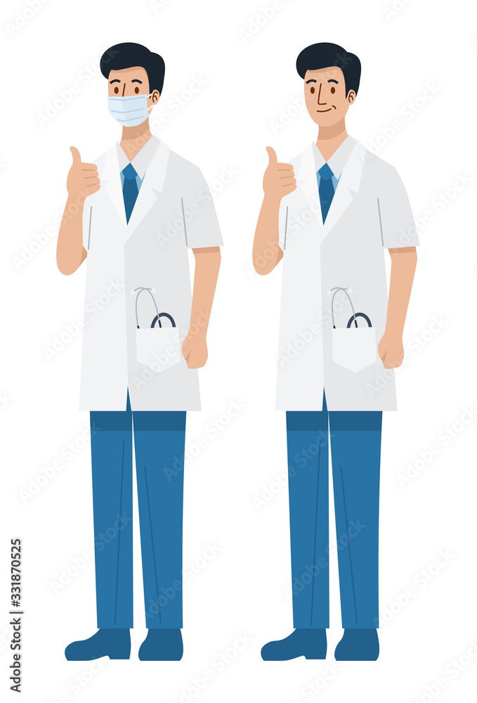 A young man doctor wearing mask giving a thumbs up, Vector Illustration
