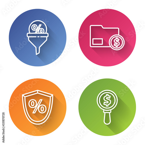 Set line Lead management, Envelope with coin dollar, Loan percent and Magnifying glass and dollar. Color circle button. Vector