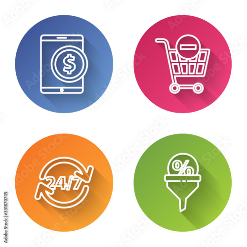 Set line Tablet with dollar, Remove shopping cart, Clock 24 hours and Lead management. Color circle button. Vector