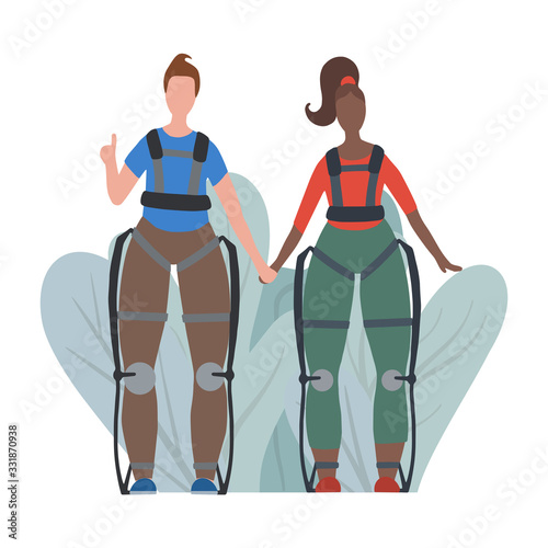 Pair of transnational happy healthy people in exosuits on abstract leaves. Innovation in medicine. Exoskeleton for people with disabilities. Vector flat image for articles and your creativity.