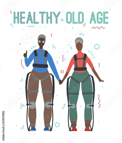 Pair of african happy healthy old people in exosuits with lettering. Innovation in medicine. Elderly family. Exoskeleton for people with disabilities. Vector flat image for article and your creativity