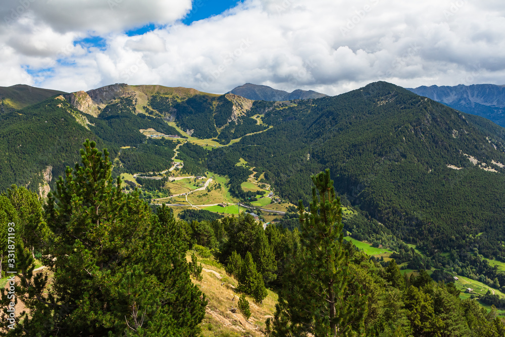 View from the Quer viewpoint of the town of Canillo and the mountains that surround it. Andorra