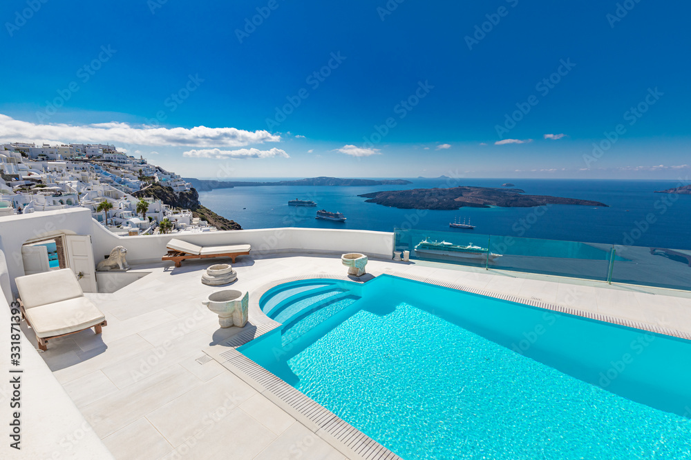 Swimming pool with sea view. White architecture on Santorini island, Greece. Beautiful landscape with blue sea view, luxury travel and vacation background