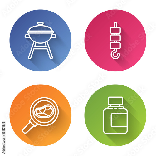 Set line Barbecue grill, Grilled shish kebab on skewer stick, Steak meat in frying pan and Sauce bottle. Color circle button. Vector
