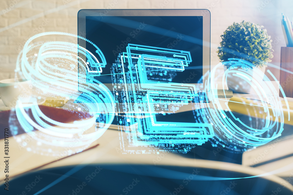 Double exposure of table with computer and seo drawing hologram. Search optimization concept. Double exposure of table with computer and seo drawing hologram. Search optimization concept.