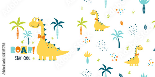 Fototapeta Seamless vector pattern and surface design with cute dinosaur