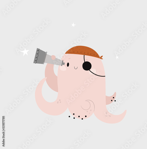 Childish print with cute baby octopus. Little pirate character in bandana with binoculars. Sea animal illustration. Ideal for poster, card, children book, kids room decoration, nursery clothing