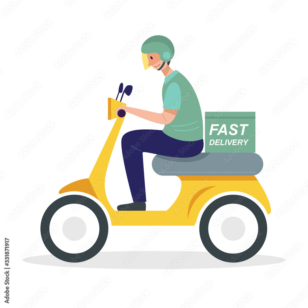 Delivery service. A man riding a scooter on white background, Vector