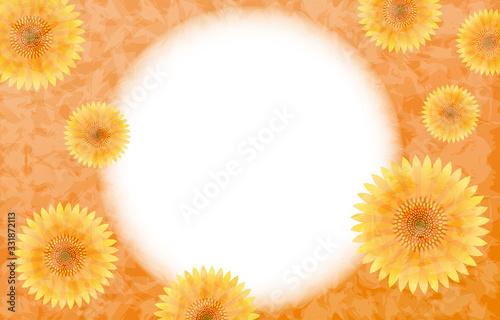 向日葵のフレームイラスト、オレンジ背景