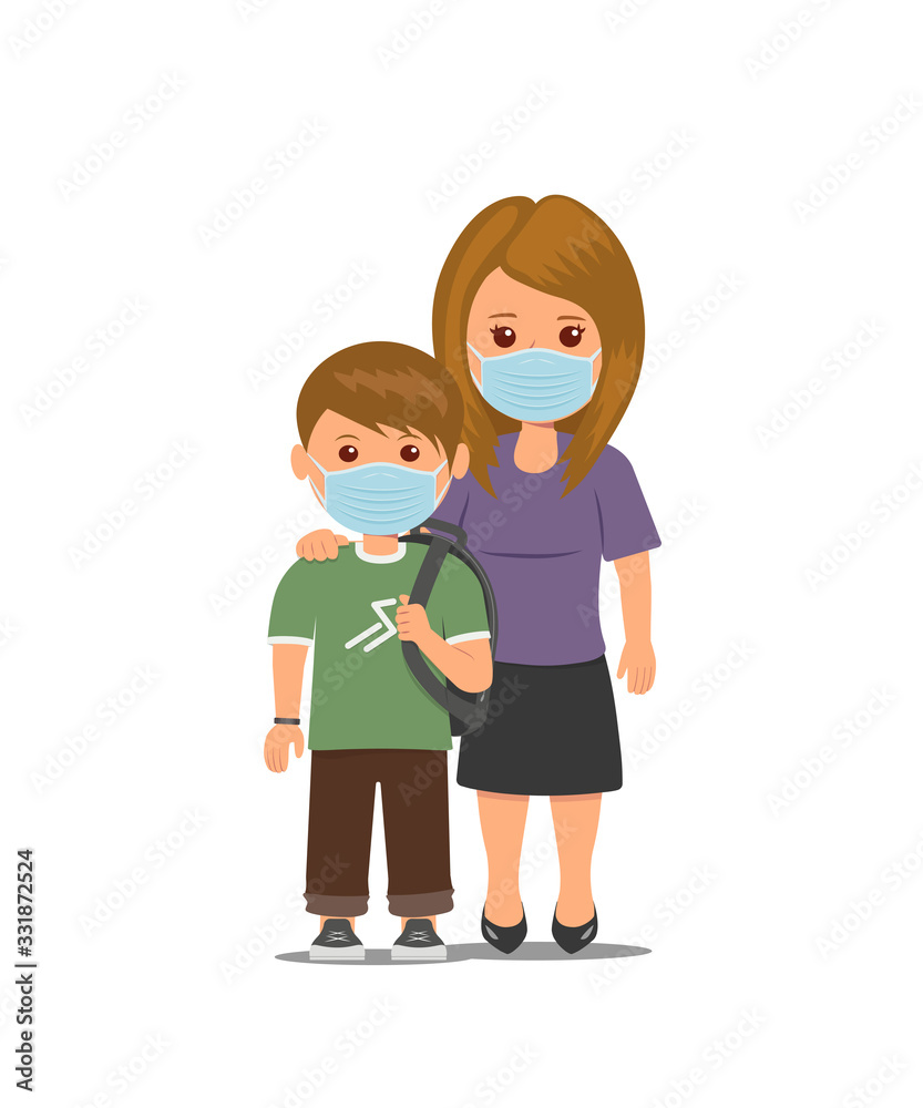 Mother and child in medical masks. Concept Stop the spread of viruses. Coronavirus quarantine. Isolated mom and schoolboy in protective masks. Vector illustration in flat style.