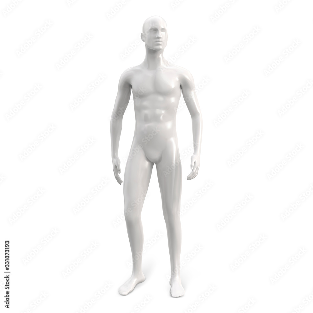 Male white plastic glossy standing mannequin for clothes. Full face. Decor showcases fashion store. Vector 3d realistic illustration isolated on white background.
