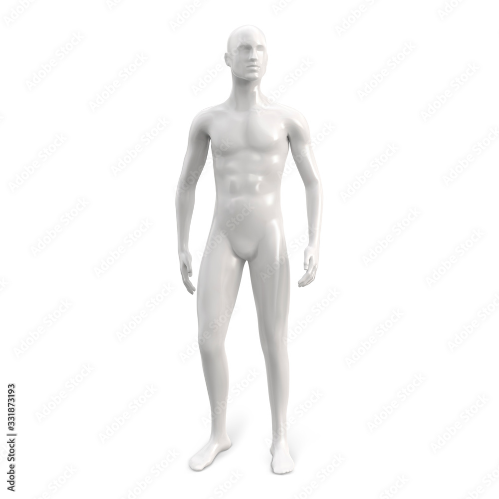 Male white plastic glossy standing mannequin for clothes. Full face. Decor showcases fashion store. Vector 3d realistic illustration isolated on white background. Male white plastic glossy standing mannequin for clothes. Full face. Decor showcases fashion store. Vector 3d realistic illustration isolated on white background.