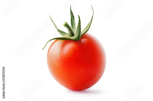 Fresh, red tomato with green stem isolated on white background. Clipping path.