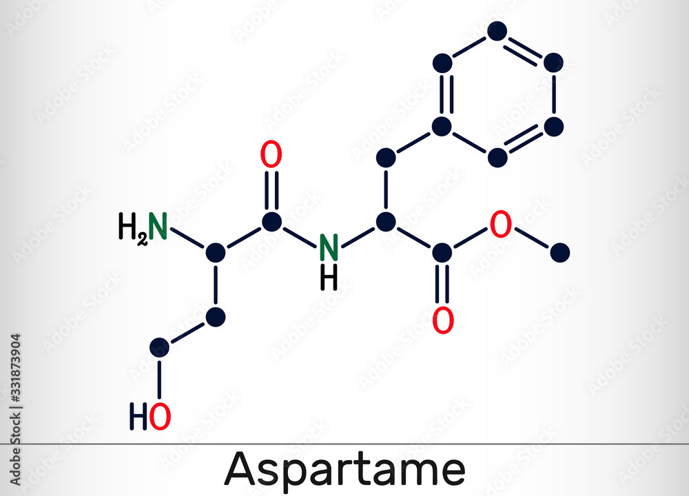 Aspartame, APM, molecule. Sugar substitute and E951. Structural chemical formula Aspartame, APM, molecule. Sugar substitute and E951. Structural chemical formula