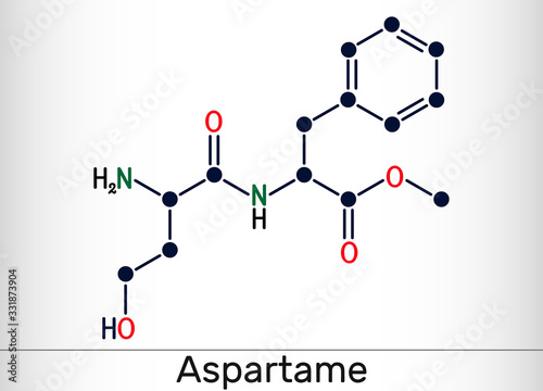Aspartame, APM, molecule. Sugar substitute and E951. Structural chemical formula