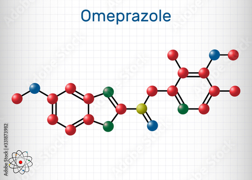 Omeprazole, C17H19N3O3S molecule. It is used to treat gastric acid-related disorders, peptic ulcer disease, gastroesophageal reflux disease GERD.  Sheet of paper in a cage