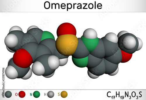 Omeprazole, C17H19N3O3S molecule. It is used to treat gastric acid-related disorders, peptic ulcer disease, gastroesophageal reflux disease GERD. Molecular model photo