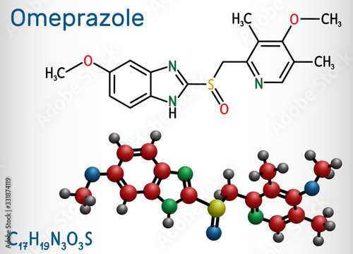 Omeprazole, C17H19N3O3S molecule. It is used to treat gastric acid-related disorders, peptic ulcer disease, gastroesophageal reflux disease GERD.  Chemical formula, molecule model