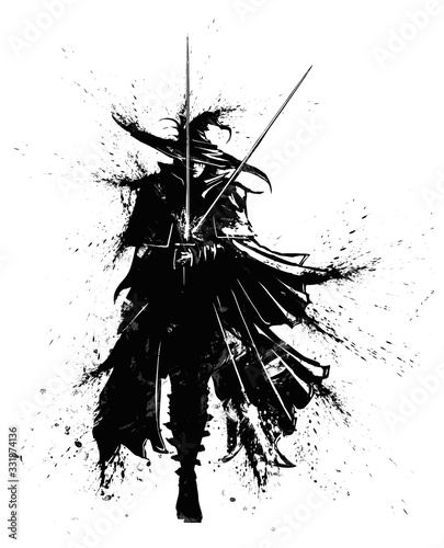 An elegant male duelist with two swords walks gracefully forward, he is dressed in a cloak, he has a pointed hat on his head. His clothes flutter in the wind. It was drawn in blotches and smears. 2D 