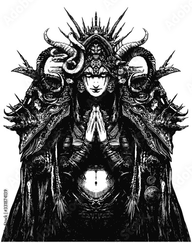 A beautiful female occultist looks ominously at the viewer, she is dressed in a highly detailed costume with many mystical elements, her palms are folded in prayer. 2d illustration