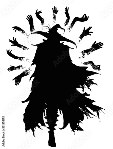 The black silhouette of a wizard in an acute-angled hat and a torn cloak, surrounded by magical hands flying in the air, he gracefully goes forward towards the viewer. 2d illustration