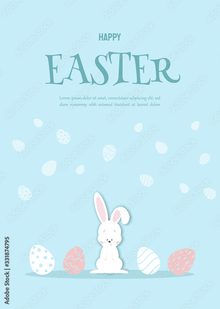 Easter blue card with paper bunny. Easter illustration in cartoon style, shadow, vector. Easter background. Easter bunny with eggs. Vector illustration Easter blue card with paper bunny. Easter illustration in cartoon style, shadow, vector. Easter background. Easter bunny with eggs. Vector illustration