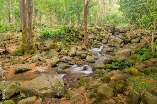 view nature of silky stream water flowing around with many arch rocks and green forest background, Phong Phra Bat Waterfall, Chiang Rai, northern of Thailand.