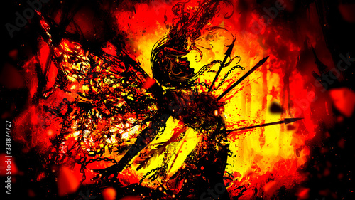 A beautiful fairy girl cruelly pierced through the chest with three arrows, she is chained in broken chains. Against the background of a burning forest. 2D illustration