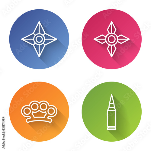 Set line Japanese ninja shuriken, Japanese ninja shuriken, Brass knuckles and Bullet. Color circle button. Vector