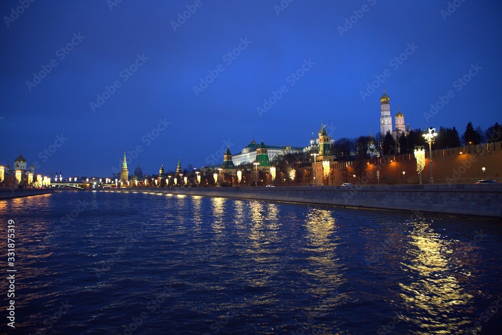 View of the Moscow Kremlin from the river, at night