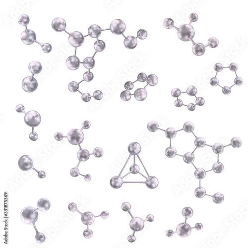 Set of abstract vector 3d molecules of silver color. Vector illustration isolated on a white background.